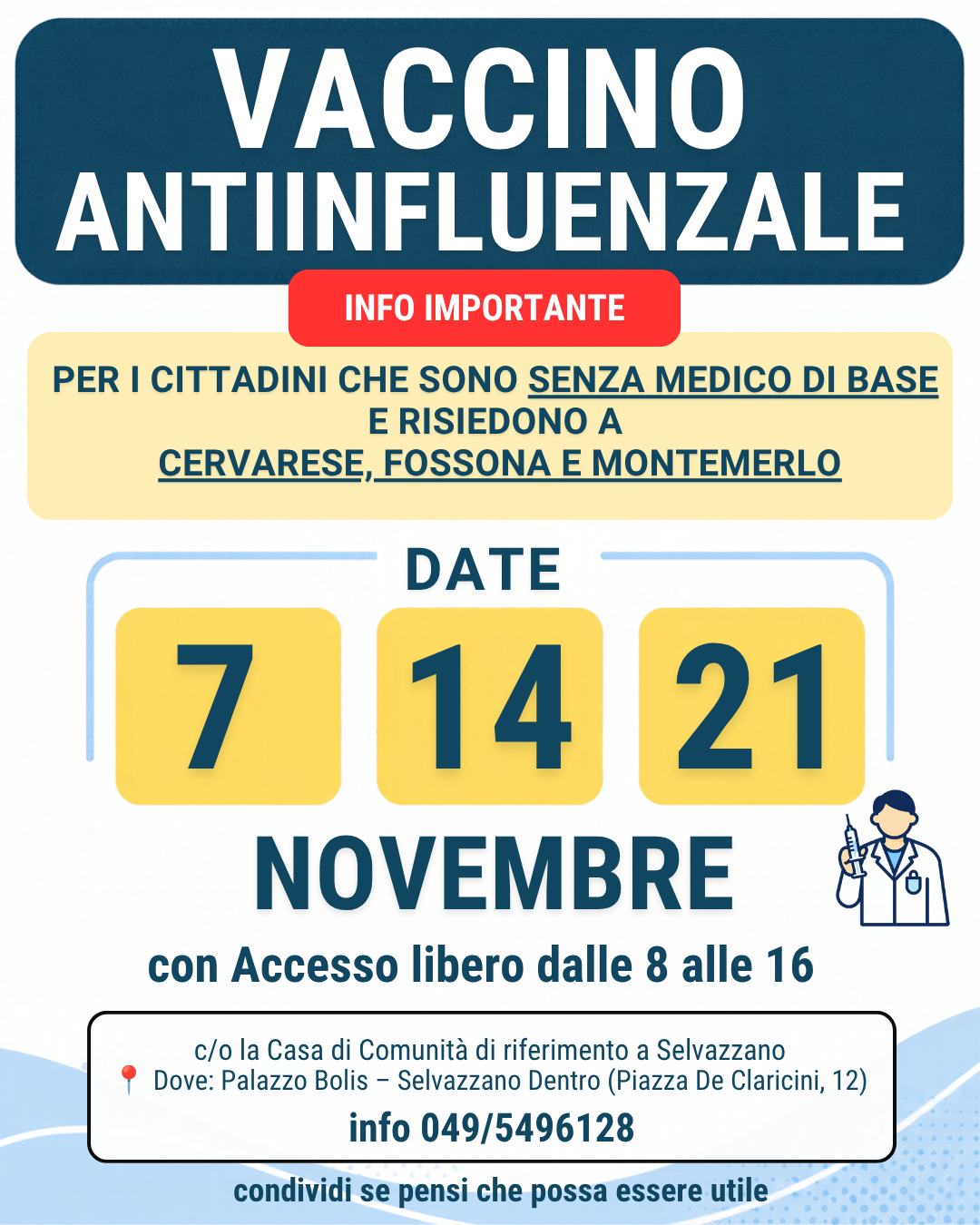 date vaccinazione per i cittadini di cervarese, fossona e montemerlo che al momento sono senza medico di base